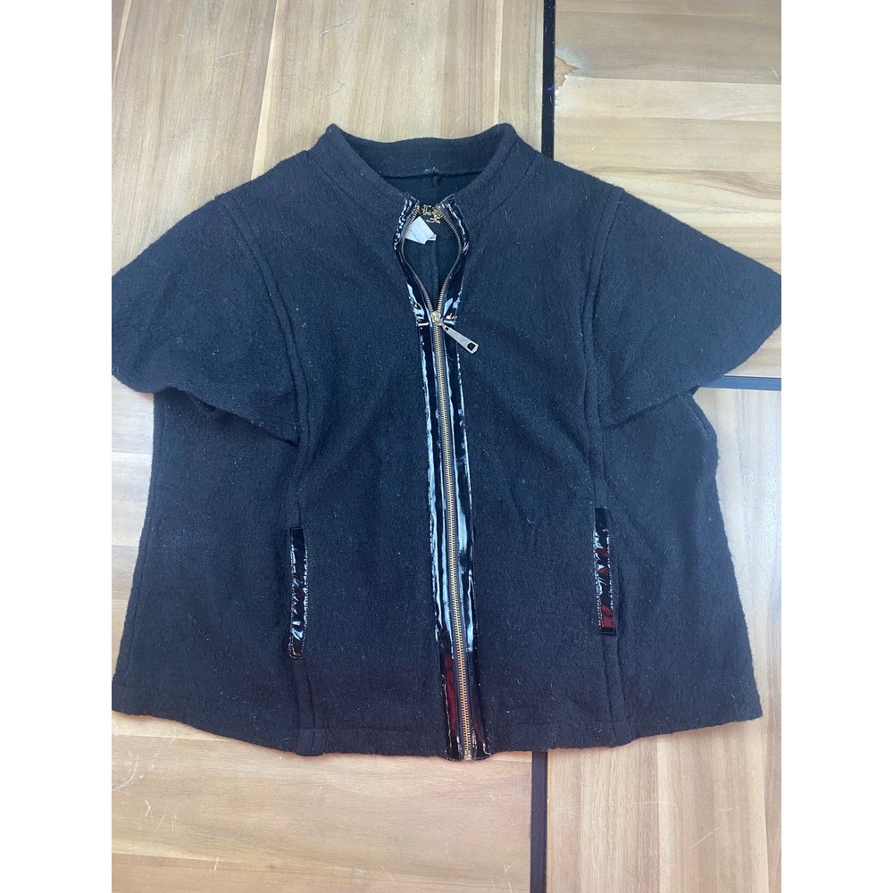 L.A.M.B. Gwen Stefani Black 100% Wool Zip Up Cape Sleeve Jacket Patent Trim XL